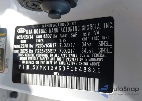 2015 Kia Sorento Lx from USA, damaged, VIN 5XYKT3A63FG648326